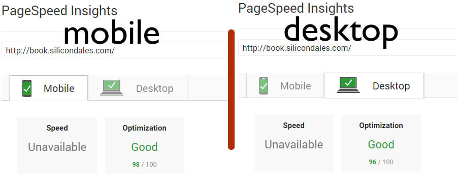 Google PageSpeed Insights ranking for book.silicondales.com for Mobile & Desktop, March 2018